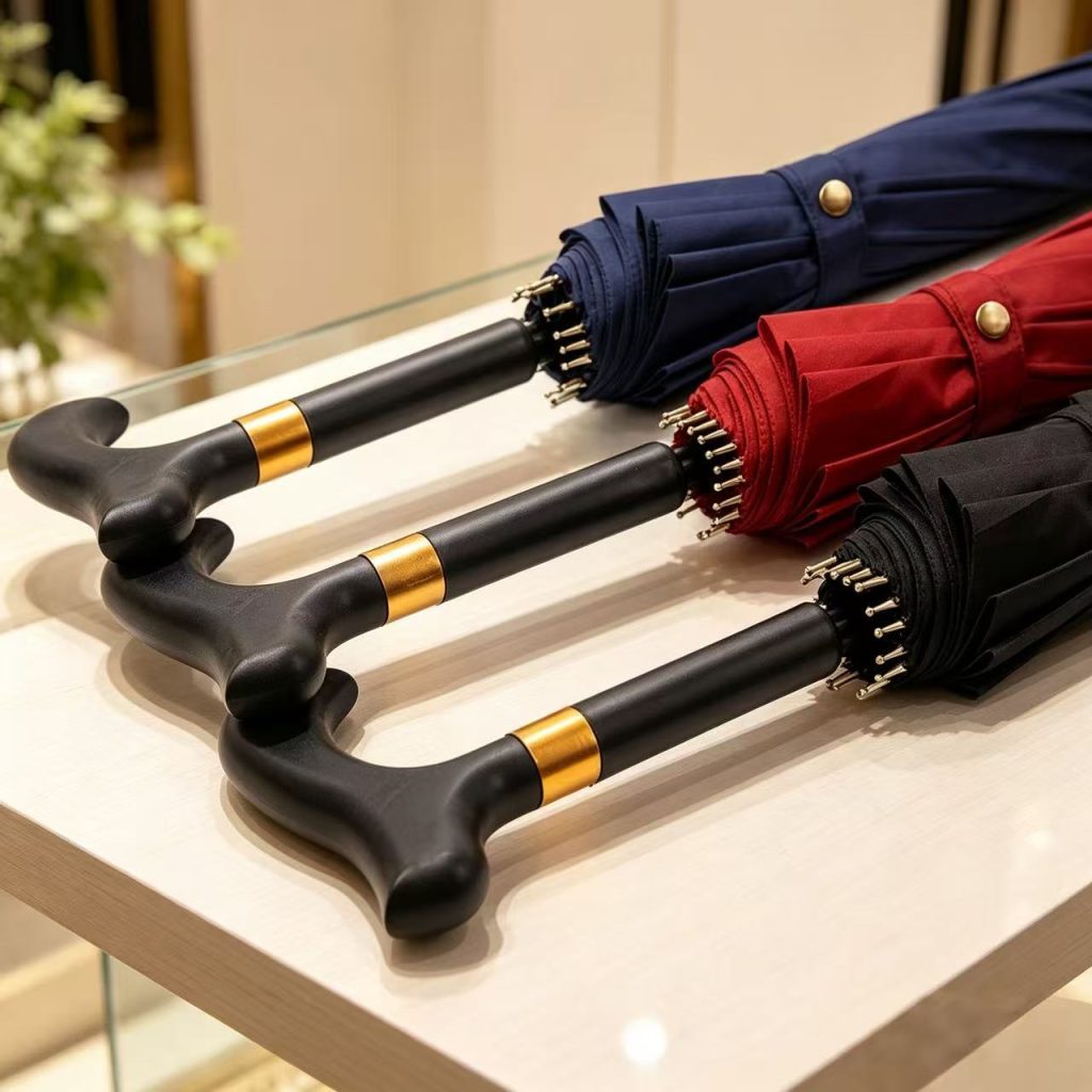 Three folded 23 inch 16-rib long handle business umbrellas in navy, wine red, and black with cane handles and gold collars