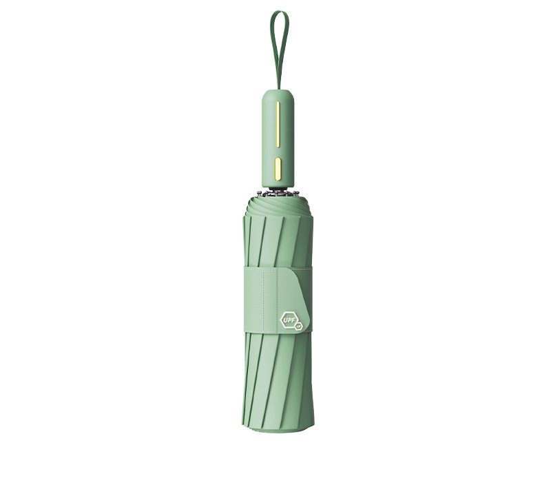 Morning mist green 23 inch 10-rib automatic folding sun umbrella with a 2+1 gold frame, black UV coating, and wide strap