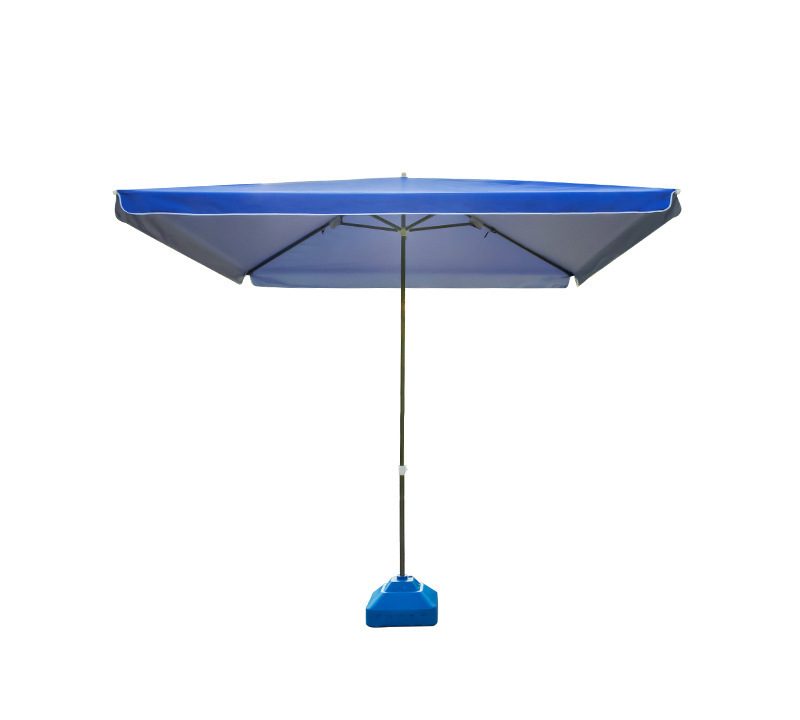 Red double-top garden and beach umbrella with eight fiberglass ribs, steel pole, UPF 50+ canopy, and base options
