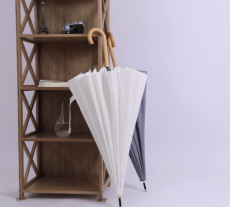 White and grey 16-rib long umbrellas with solid wood curved handles for China OEM custom export programmes