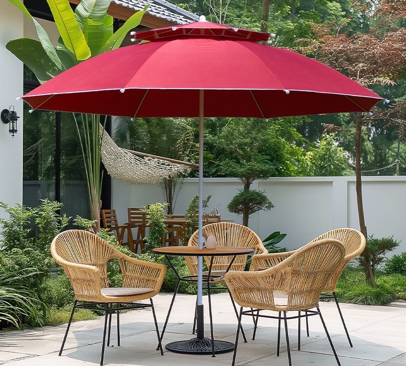 Red double-top custom garden and beach umbrella with UPF 50 plus canopy and cross base