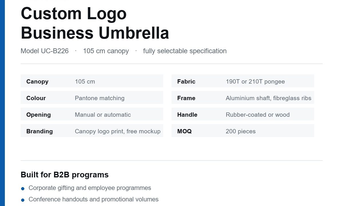 Specification card for the Custom Logo Business Umbrella model UC-B226 showing canopy size, fabric, frame, opening, handle, branding and MOQ options