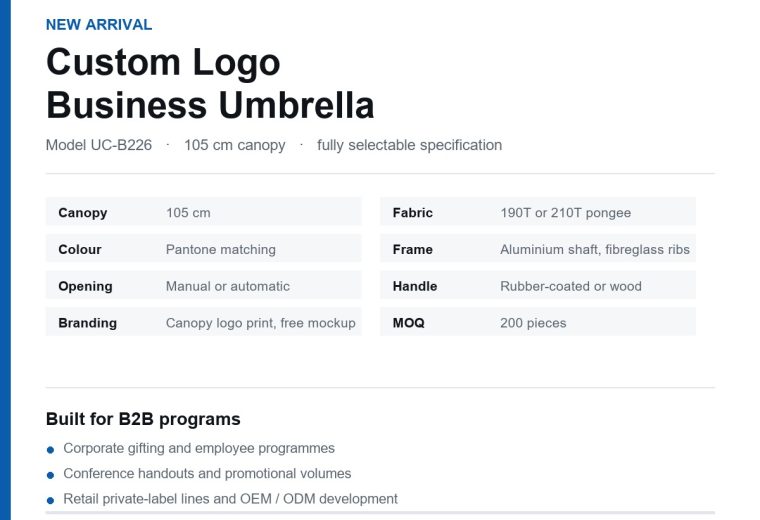 New Arrival: Custom Logo Business Umbrella with Fabric, Frame, Handle and Branding Options