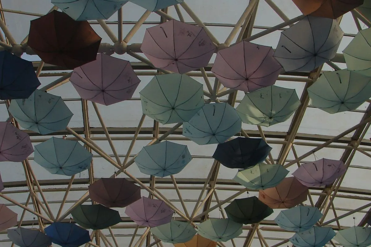 Open business umbrellas being compared during supplier sample review