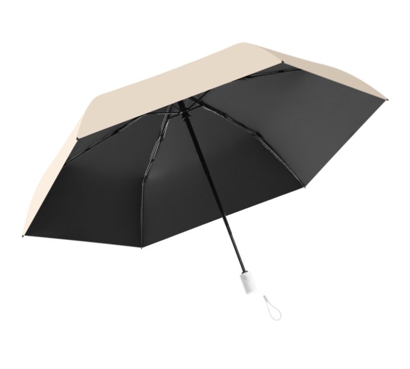Beige 6-rib ultra-light black-coated folding sun umbrella with fiberglass ribs and rubber handle for wholesale supply