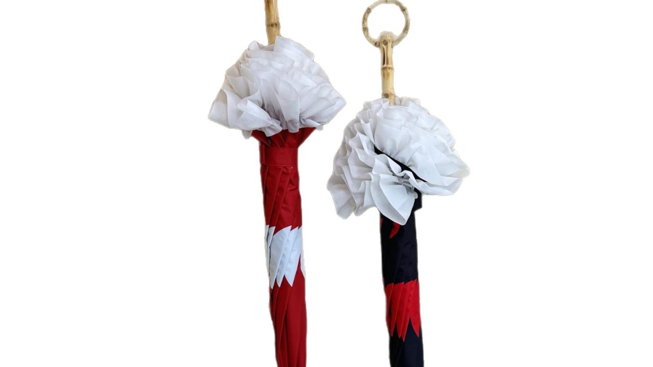Long handle polka dot umbrellas with bamboo handles, black UV coating, and ruffled lace edges