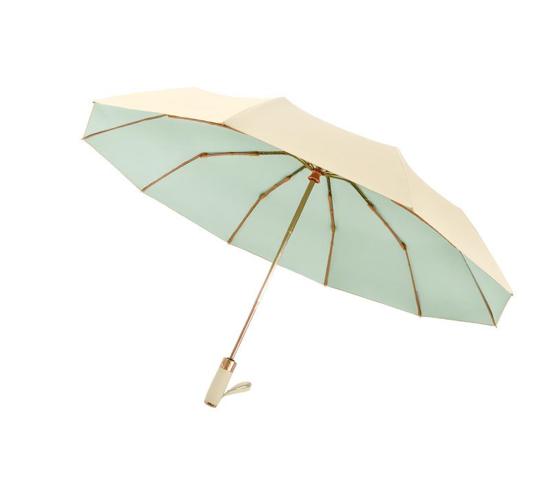 Light mint green 10-rib automatic folding business umbrella with a 3+3 golden frame and color coating