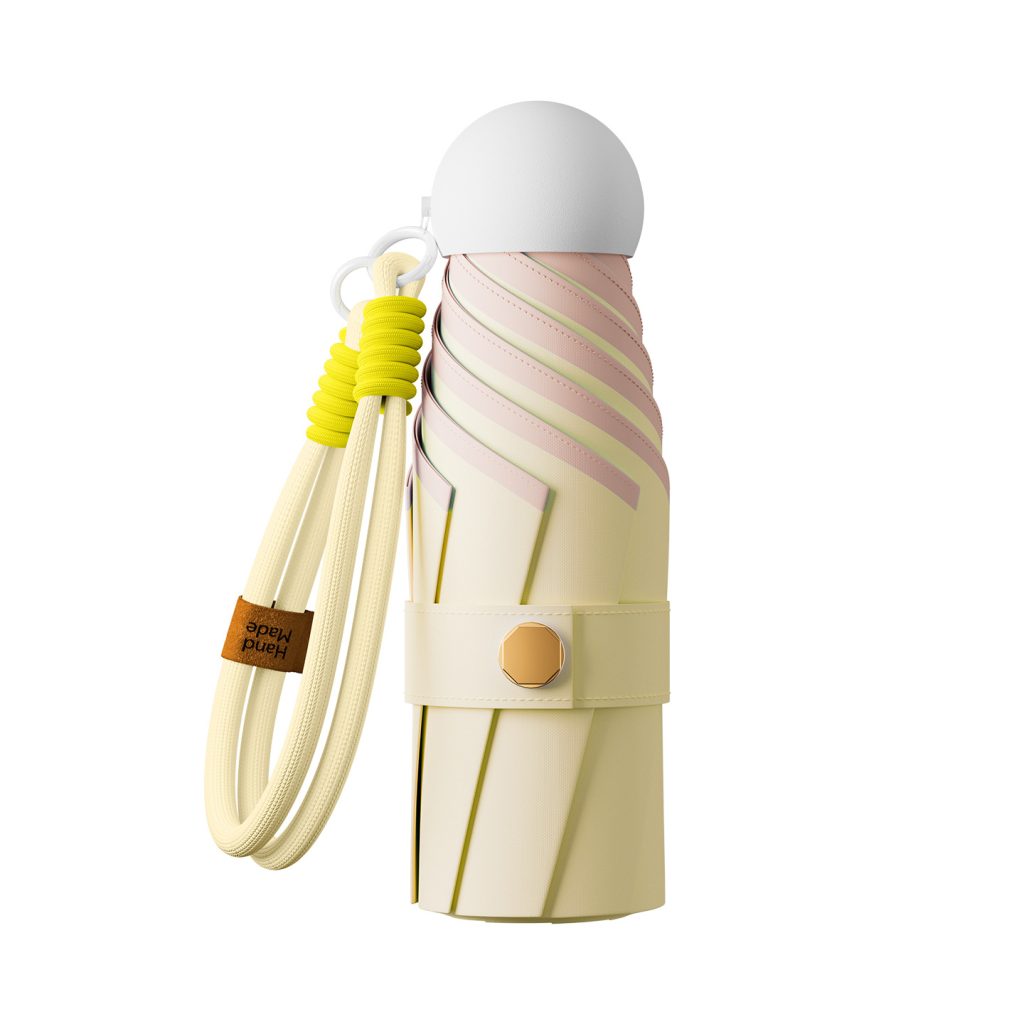 Folded 10-rib golden frame umbrella with matching sleeve and cord strap