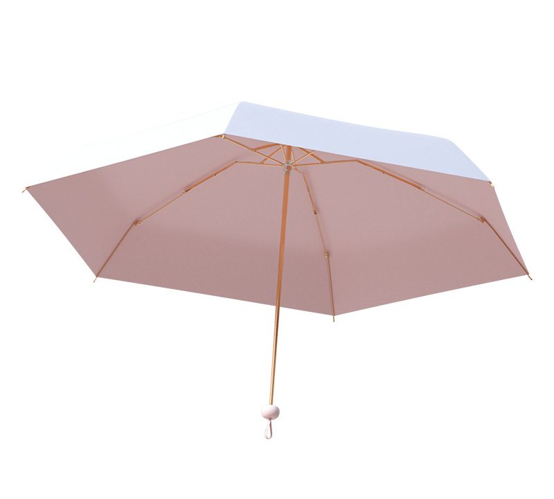 Pink cartoon five-fold sun umbrella with an apple-shaped handle, golden frame, and color coating for wholesale and OEM supply