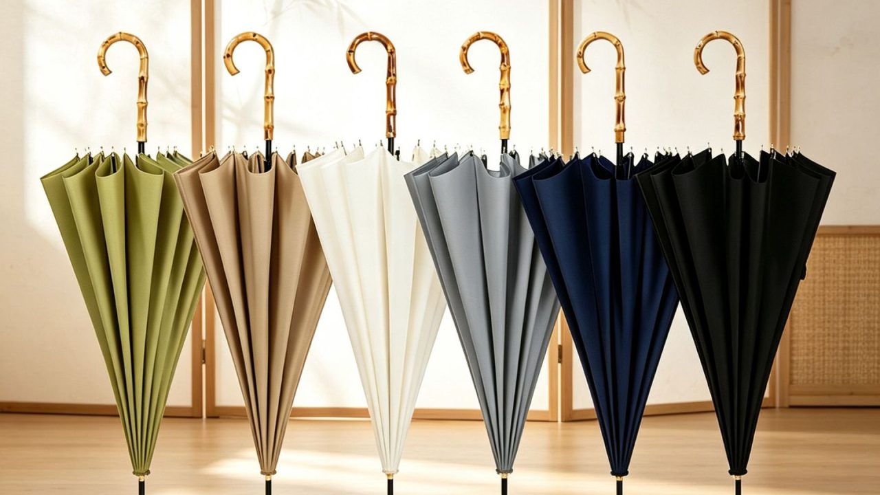 Six 16-rib long handle umbrellas with real bamboo curved handles, fiberglass ribs, steel shafts, and 210T pongee canopies