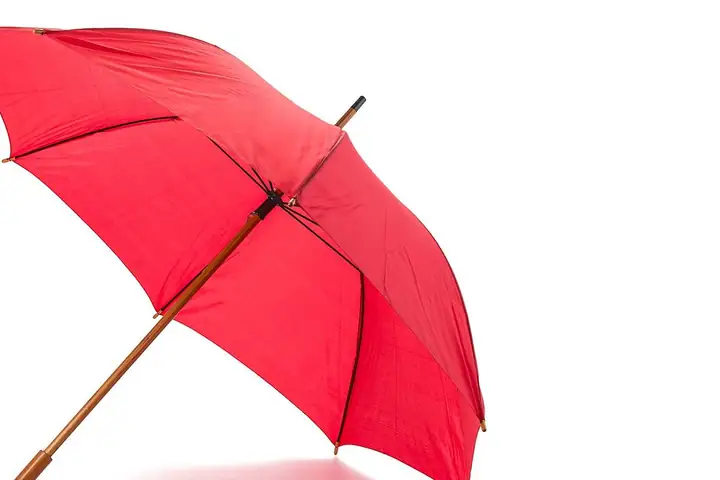 Red umbrella with a wooden shaft and handle, shown as a wood-handle format reference