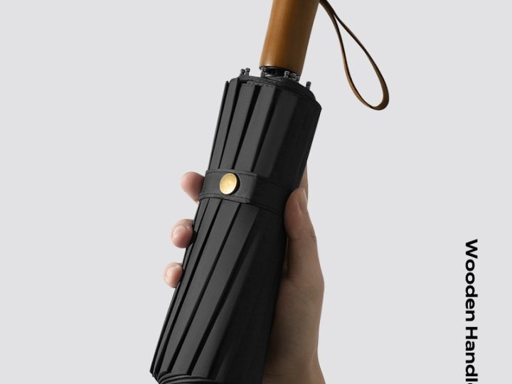 Wholesale 16-Rib Manual Folding Umbrella with Black UV and Wood Handle