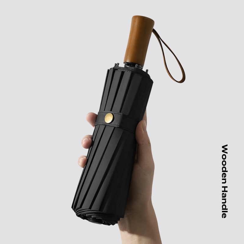 Wholesale 16-Rib Manual Folding Umbrella with Black UV and Wood Handle