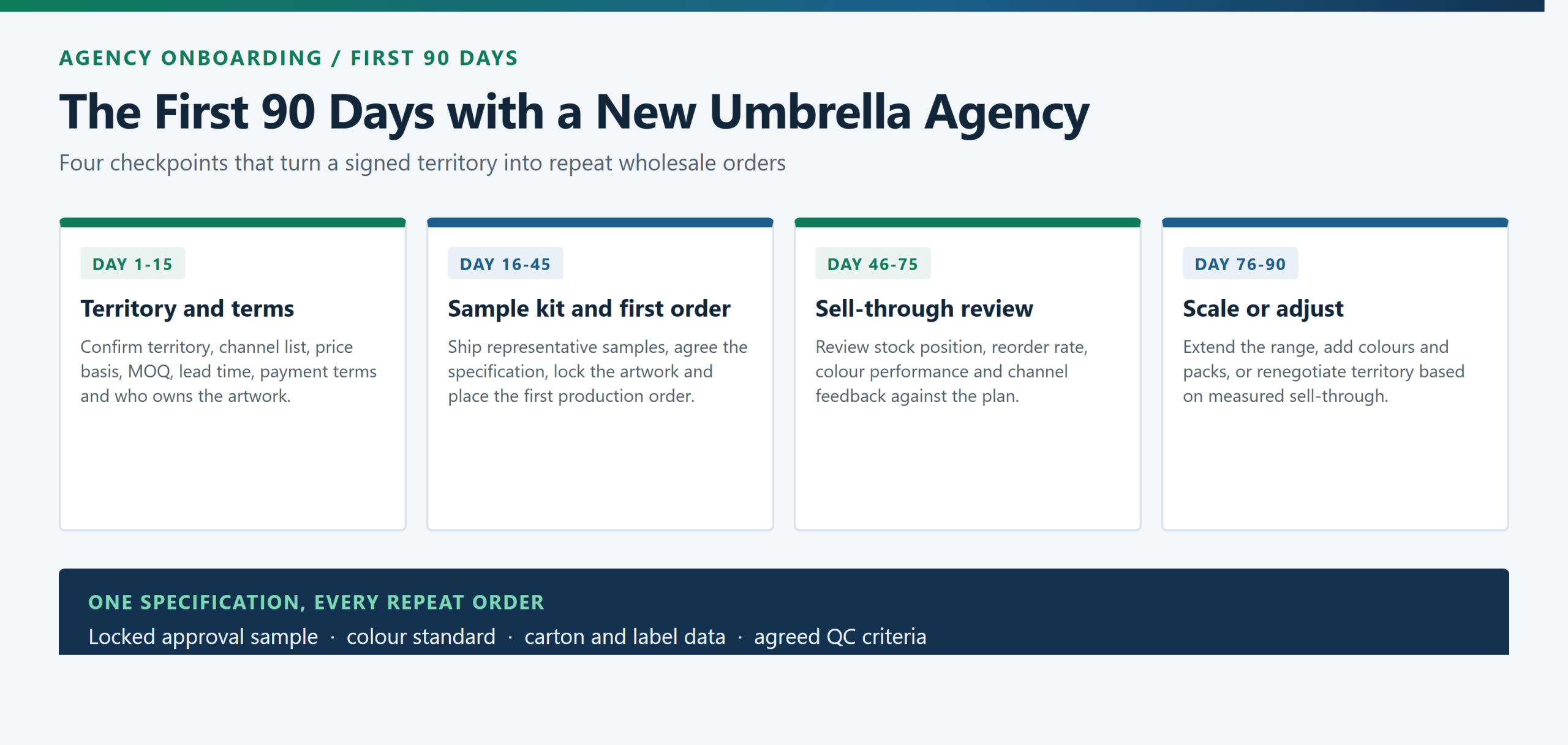 Four-step onboarding timeline for a new umbrella distribution agency: territory and terms, sample kit and first order, sell-through review, then scale or adjust