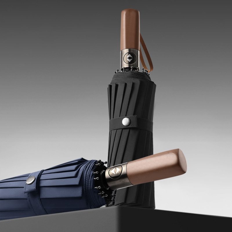 Wholesale 16-Rib Automatic Folding Umbrella with Wood Handle and UPF 50+