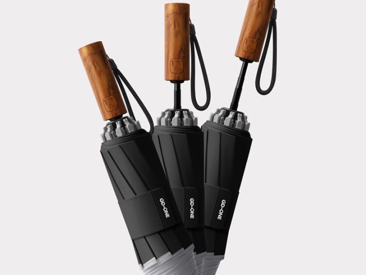 Wholesale 10-Rib Automatic Folding Umbrella with Reflective Edge and Faux Wood Handle