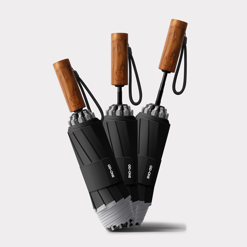 Wholesale 10-Rib Automatic Folding Umbrella with Reflective Edge and Faux Wood Handle