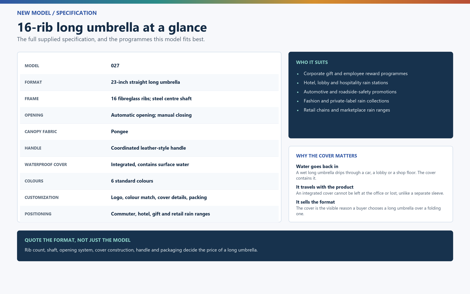 Specification sheet for the 23-inch 16-rib long umbrella: model 027, pongee canopy, steel centre shaft, automatic opening, waterproof cover and six colours